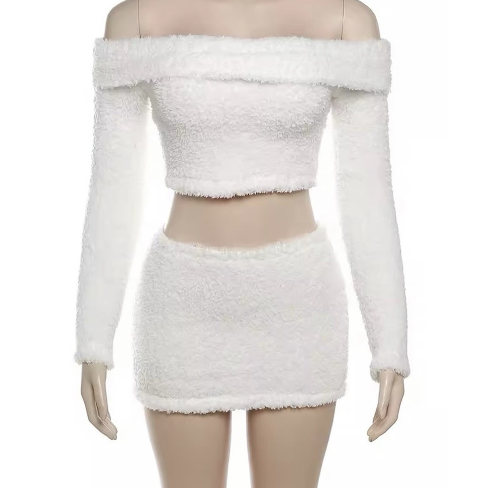 Hot 2Pcs Women Plush Faux Fur Tops Short Warm Blouse Skirt‎ Suit Size M Bin12